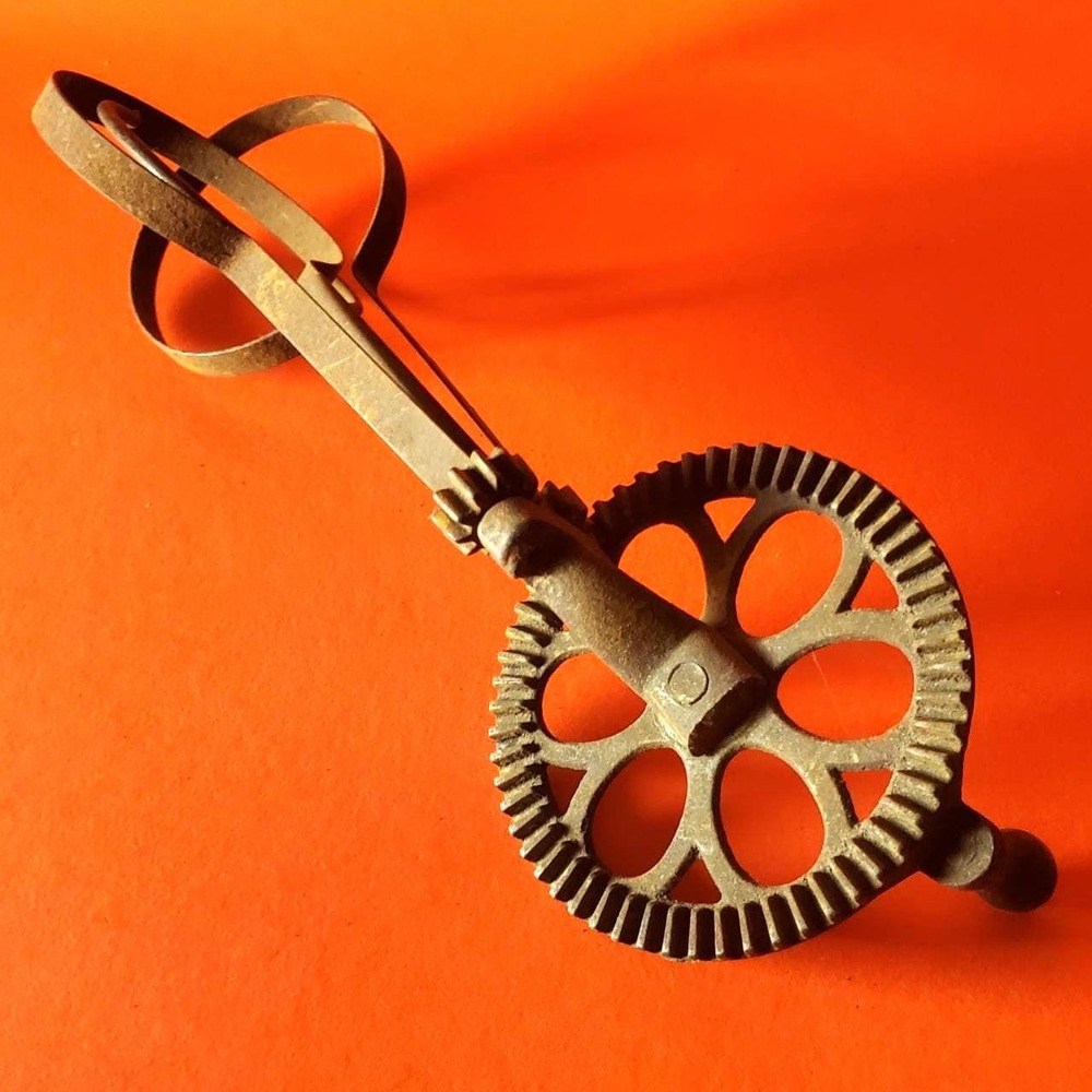 1870 Dover Cast Iron Egg Beater, Antique Rotary Whisk Mixer 19th Century Kitchen